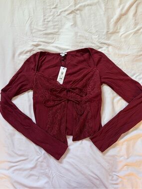 Garage Burgundy Lace-Front Long Sleeve Top